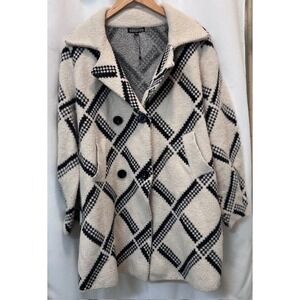 Keniston Womens Plaid Double Breasted Peacoat Cream Black Checkered Size XL